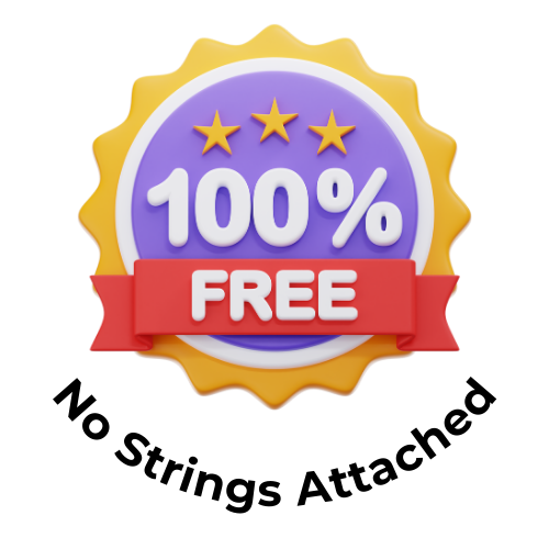 100% Free No Strings Attached Trust Badge 100% free trust badge with a red ribbon and text stating "No Strings Attached.