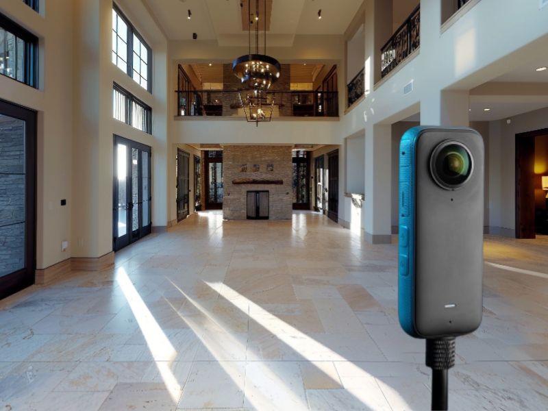 360 camera on tripod inside a commercial property, used for capturing interior and exterior virtual tours in Southport.