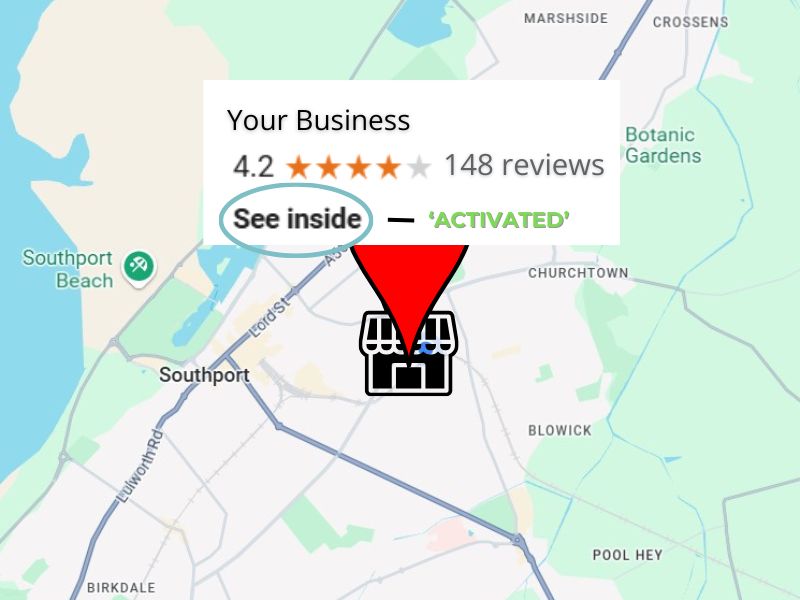 Google Maps listing example showing “See Inside” activated for a Southport business with a review rating and location pin.