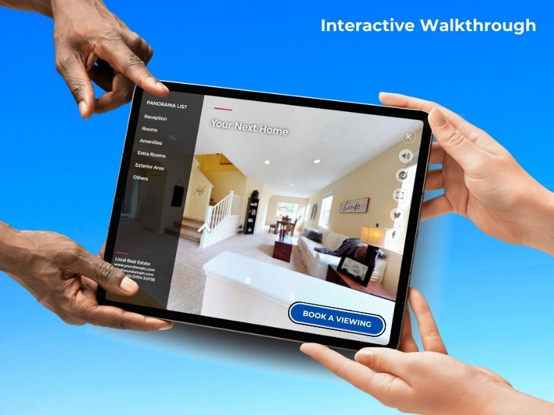Person holding a tablet with an interactive 360° virtual tour and a ‘Book a Viewing’ button displayed.