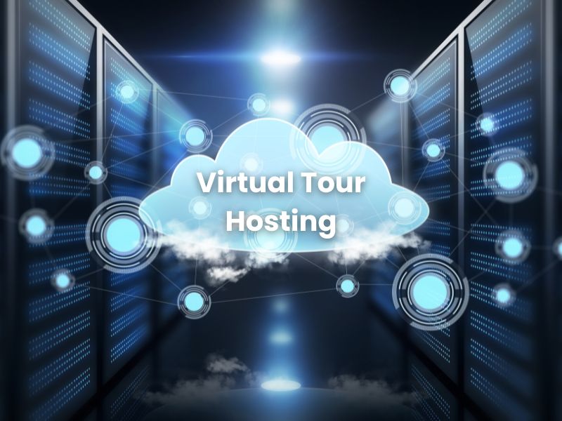Virtual tour hosting cloud illustration with data servers and network nodes